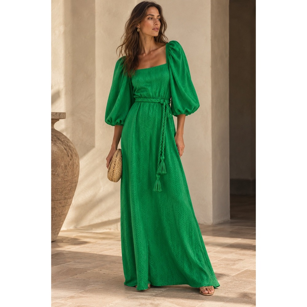 Johanna Ortiz Thread of Thought Green Puff Sleeve Maxi Dress Square Neck Size 6